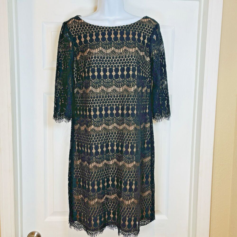 Jessica Howard Womens 12P Sheath Dress Scalloped Black‎ Lace Overlay 3/4 Sleeves